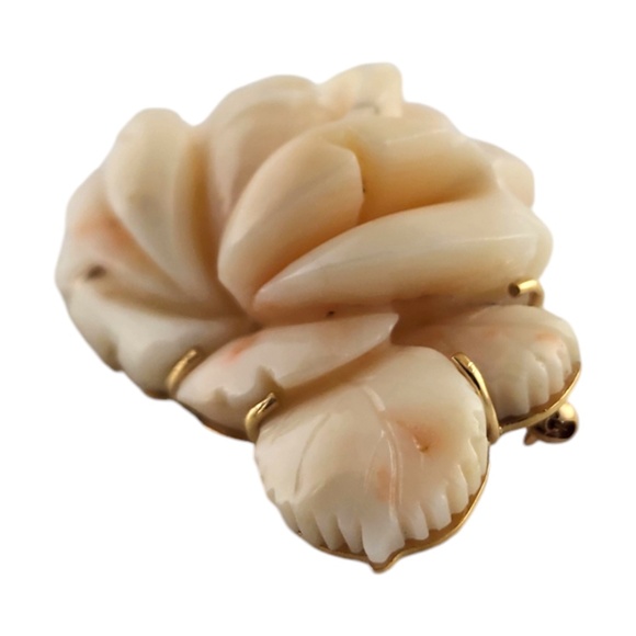 14 Karat Yellow Gold Carved Pink Coral Rose Brooch Pendant #19040 - Picture 3 of 11
